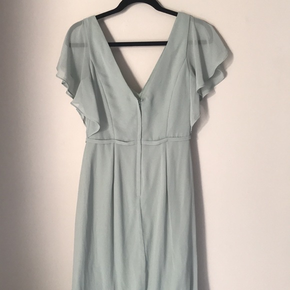 Dusty Sage David’s Bridal Flutter Sleeve Dress with Cascade - Picture 4 of 4